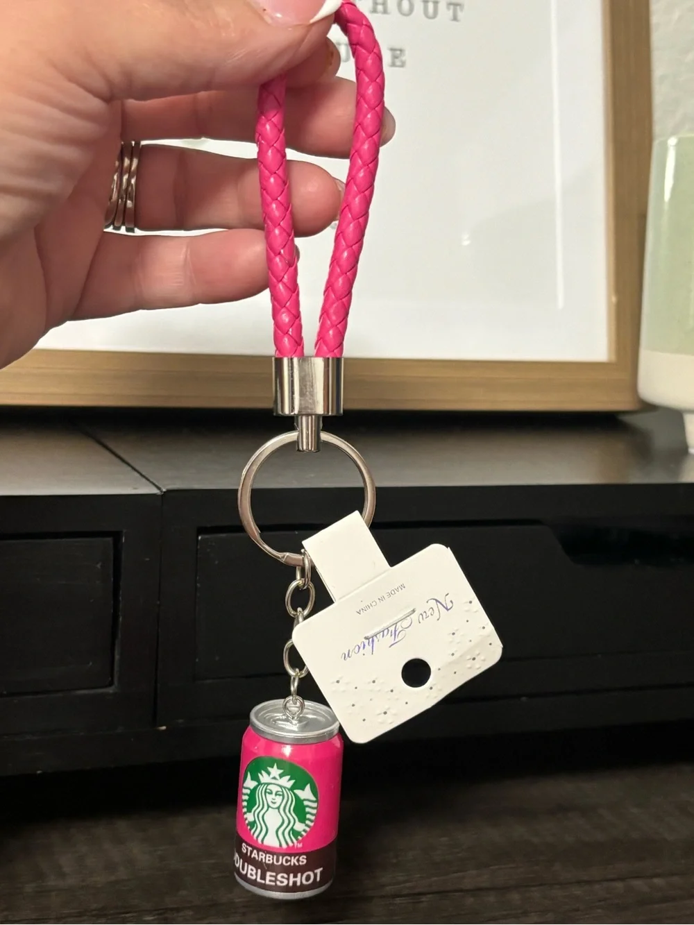 Starbucks Doubleshot Bag Charm / Keychain with Pink Braided Strap